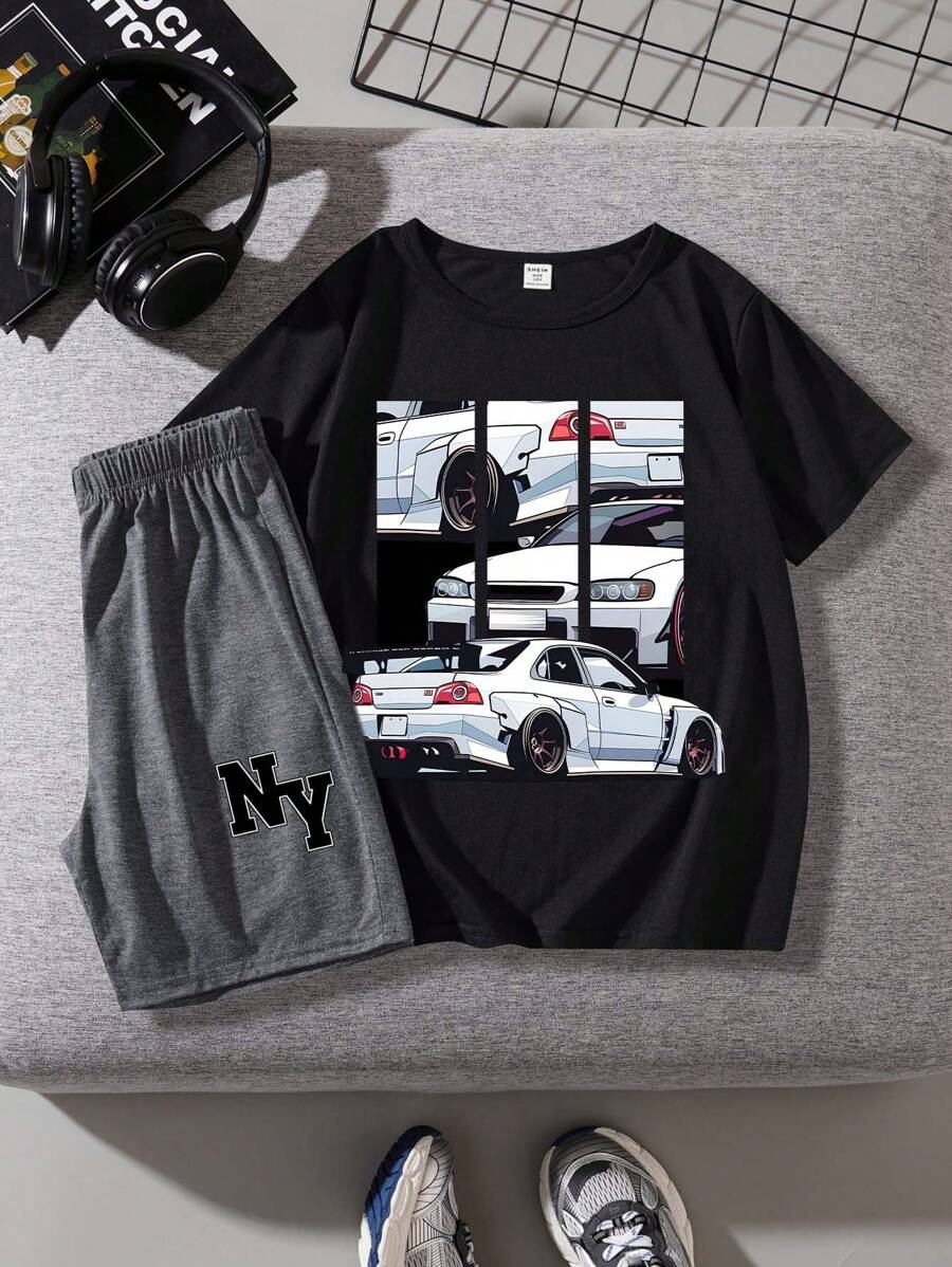 SHEIN Leap Crew 2pcs/Set Tween Boys Casual Simple Round Neck Short Sleeve T-Shirt And Shorts Set, Summer