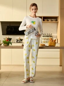 CoupledUp Women Cartoon Print Long Sleeve Pajama Set - Multicolor - View 3