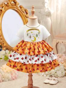 SHEIN Leap Crew 夏季假日女婴花卉印花蛋糕连衣裙 - 彩色 - 查看 1