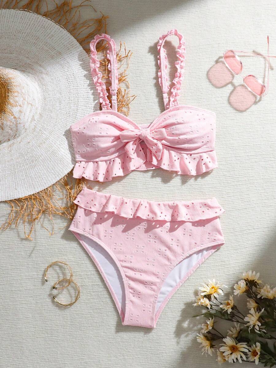 Swim Mod Springbreak Women's Beach Resort Textured Fabric Simple Sweet Cute Ruffle High Waist Bikini 2 Pieces Swimwear Set, Festival Boho - Pink - View 1