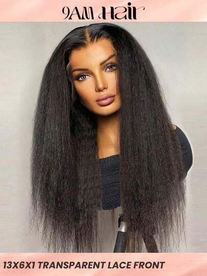 Swiss Transparent Lace Kinky Straight T Part Lace Wigs Real Human Hair Lace Frontal Closure Wigs  With Front Baby Hair Pre Plucked Natural Hairline Wig Natural Black Color