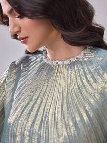 Al Najma 女士圆领长袖褶皱长款阿拉伯风格蝙蝠蝴蝶卡夫坦连衣裙，优雅奢华晚会风格，端庄 - 藍色 - 查看 3