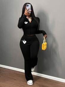 Slaydiva 2024 新款休闲基本款高弹力修身长袖拉链撞色心形印花上衣和裤子 2 件套女款