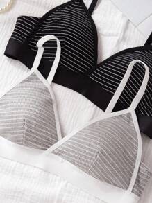 Teen Girls' 2pcs Minimalist Black & Grey Ultra Thin Wireless Striped Cute Bralette Underwear Set - Multicolor - View 4
