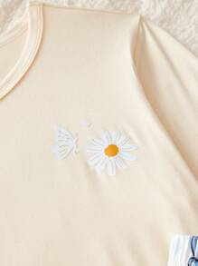 少女圆领长袖印花休闲上衣和裤子睡衣套装 - 藍白色 - 查看 4