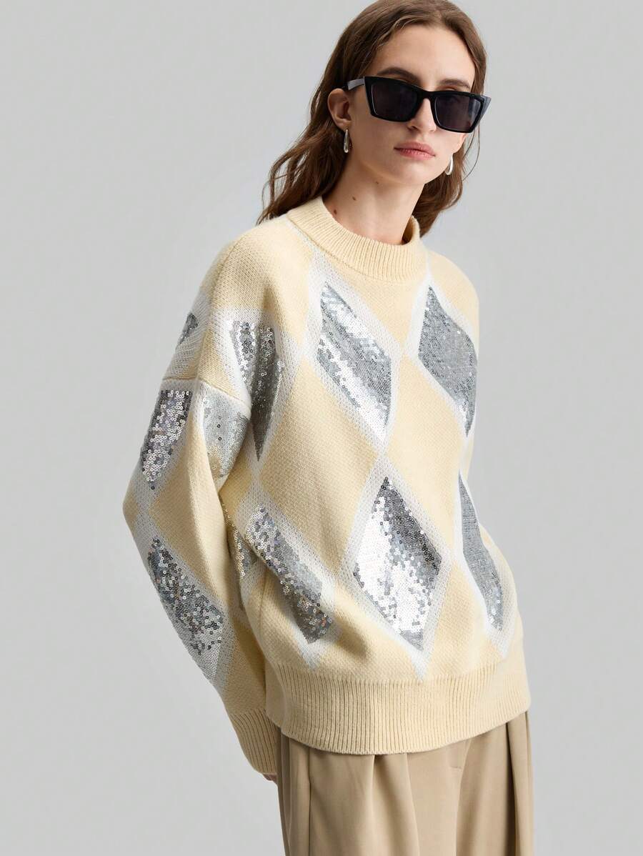 Ontre Suéter casual de primavera de uso diario con bloque de color, patrón de diamantes, bordado y decoración de lentejuelas en color albaricoque, estilo años 90 para mujer - Blanco - Ver 1
