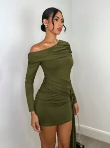 SHEIN BAE Vestido largo ajustado elegante y sexy con un hombro descubierto, fruncido, cinturón y dobladillo, apto para cóctel, cita romántica, vestido interior de otoño/invierno, fiesta, vestido de dama de honor de boda, salida nocturna, Halloween, Navidad