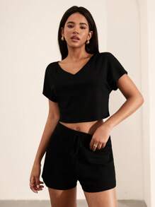 Hanevo 2pcs Women's Solid Color V-Neck Short Sleeve Top And Shorts Casual Suit Sportwear For Daily Wear