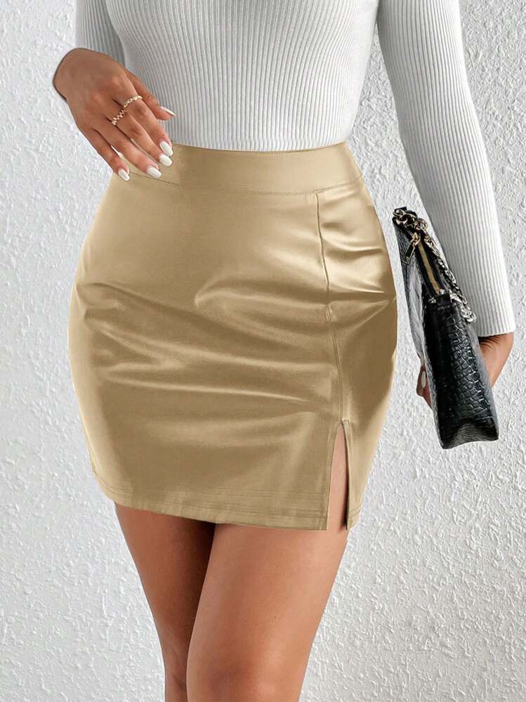 SHEIN Frenchy تنورة صغيرة سوداء من البولي يوريثين مع تفاصيل قص الذيل - الذهبي - مشاهدة 3