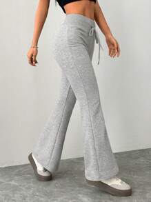 SHEIN PETITE Women's Casual Gray Knitted Elastic Waist Flared Sweatpants