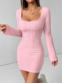 SHEIN PETITE Solid Scoop Neck Flare Sleeve Bodycon Dress