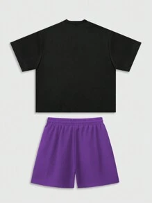 ROMWE MEN Street Life Men Heavyweight Boxy Fit Letter Graphic T-Shirt And Shorts Set - Black - View 2