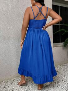SHEIN VCAY 大码休闲节日拼布荷叶边吊带中长连衣裙 - 寶藍色 - 查看 2