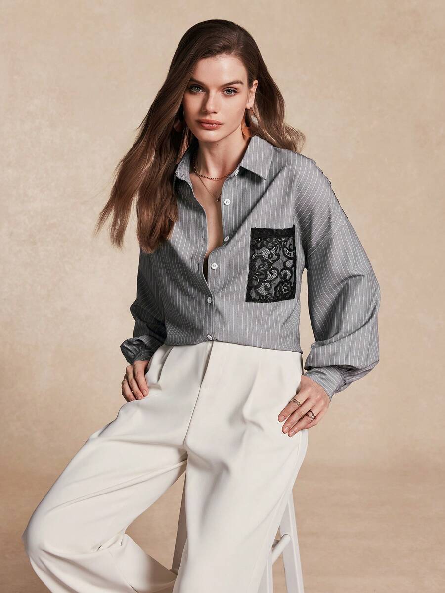 SHEIN Unity 女士条纹撞色蕾丝衬衫,休闲时尚,适合日常穿着 - 灰色 - 查看 1
