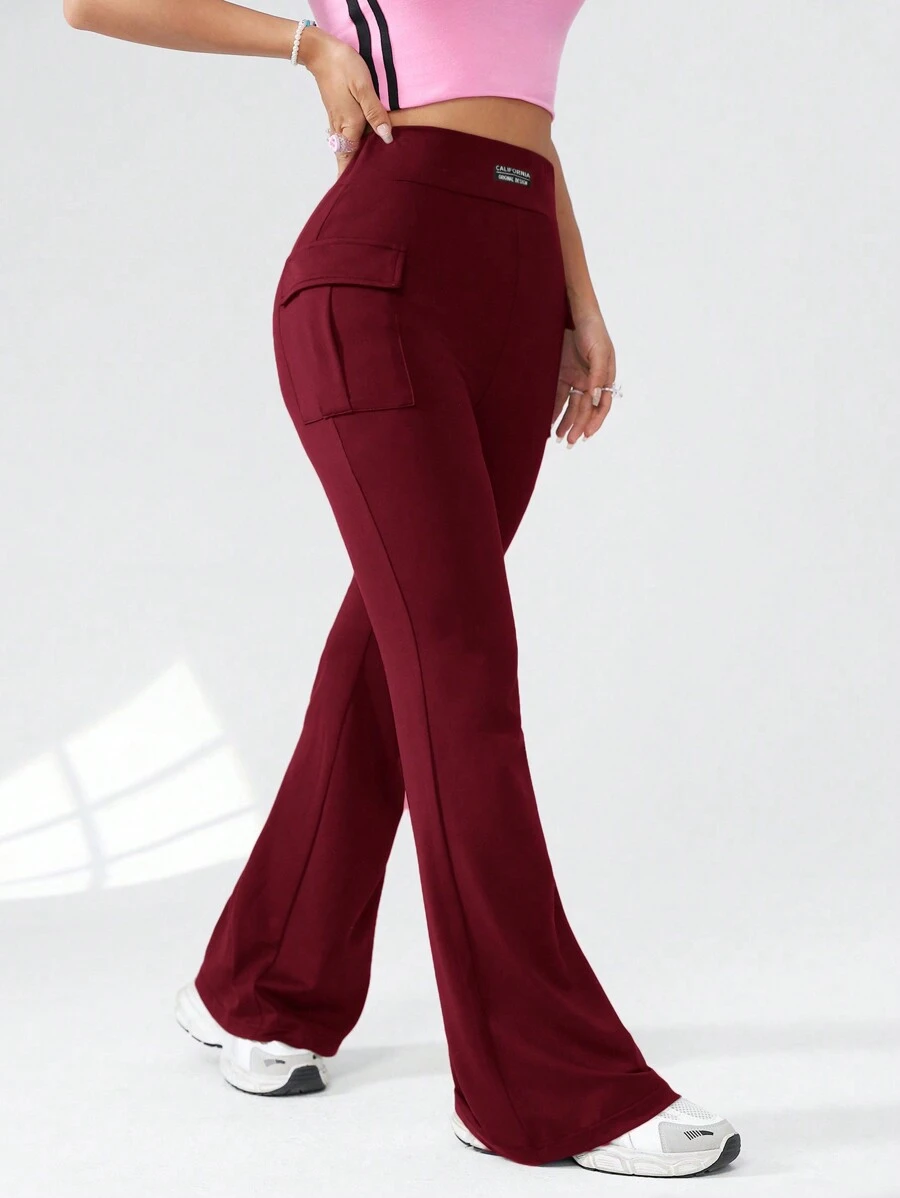 SHEIN EZwear Women's Solid Color Pocket Simple Knit Casual Flare Leg Pants - Burgundy - View 1