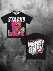 SHEIN Bolty Teen Girls MONEY Graphic Oversized Loose Fit Knitted T-Shirt, Casual & Simple, Suitable For Summer - Multicolor - View 1