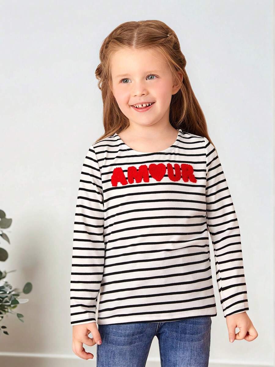 SHEIN Young Girl Fall/Winter Christmas Letter And Heart Pattern Striped Cute Tee - Black and White - View 1