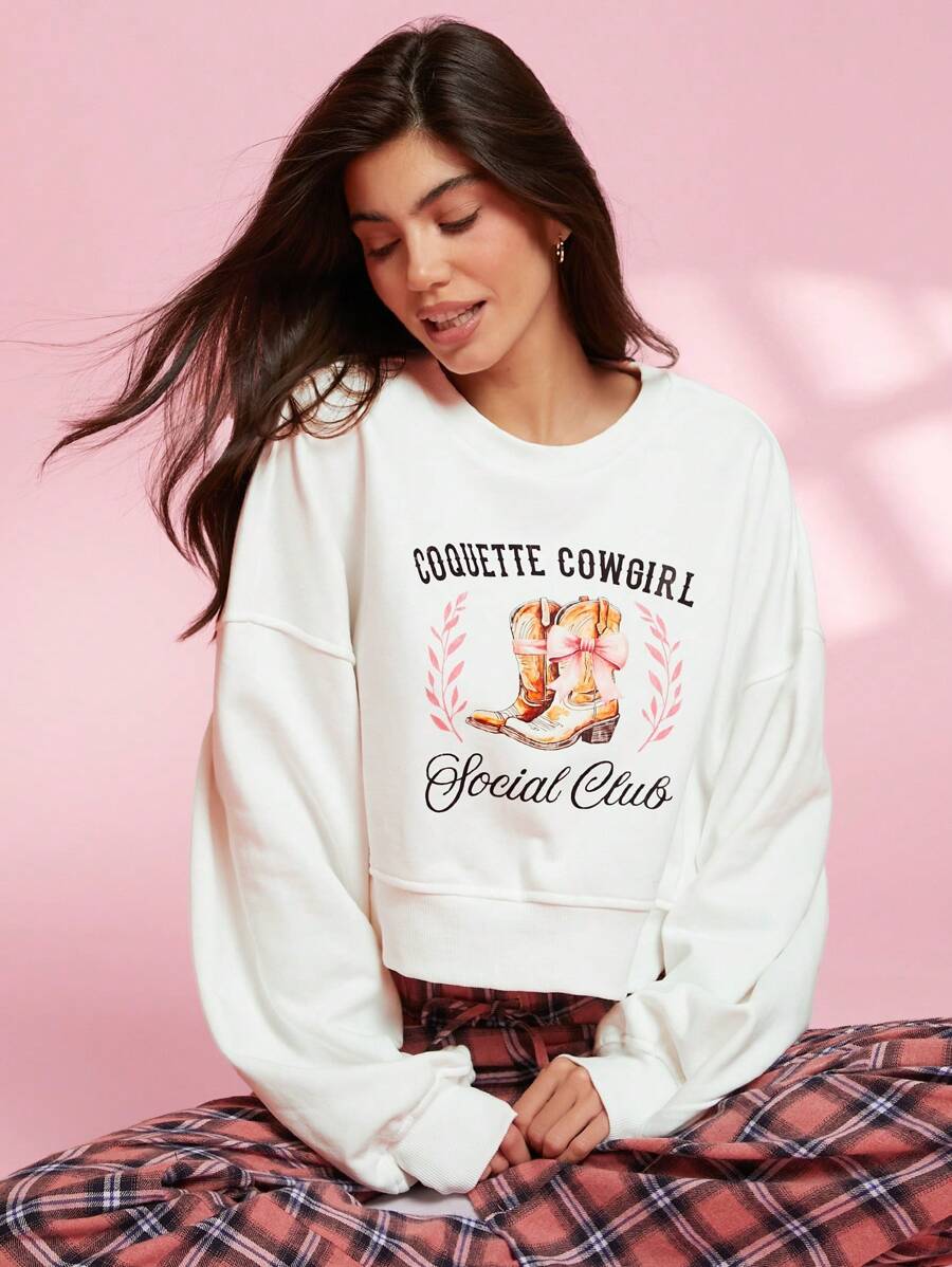 WESTFADE Coquette Cowgirl Social Club Cowboy Boot Graphic Crewneck Cropped Sweatshirt Cowgirl - White - View 1