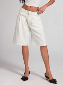 SHEIN BAE Quần short Bermuda rộng thùng thình cho nữ với màu trắng kem trơn giản dị dạo phố đi làm hàng ngày đa năng cạp thấp túi eo đôi trang trí quần ống rộng dài vừa phải, quần mùa hè - trắng - Xem 4