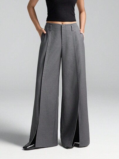 LYSMO Casual Commuting Simple Solid Color Side Slit Wide-Leg Suit Pants