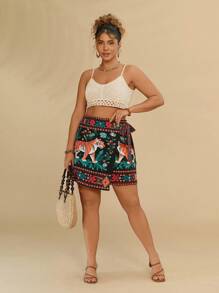 Travachic Falda holgada de cintura alta con estampado tropical, vestimenta casual de playa para mujer de talla grande