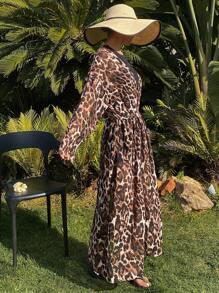 DAZY Leopard Print Loose Long V-Neck Long Sleeve Belted Casual Summer Shirt For Women