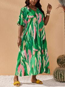 Slaydiva Plus Size Women Casual & Vacation Loose V-Neck Short Sleeve A-Line Dress With Pockets, Watercolor Brush Stroke Printed, Spring/Summer - Green - View 5