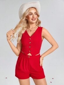 SHEIN LUNE 2pcs/Set Women's Pink Valentine's Day Vest And Shorts Outfit - Pink - View 3