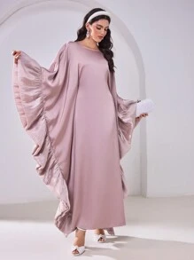 Al Najma Elegante effen Arabische jurk met ruches en vleermuismouwen voor dames, bescheiden