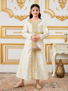 Girls' Traditional Elegant Gold Sunflower Floral Trim Collar & Belt Round Neck Long Sleeve Dress, Suitable For Outings & Gatherings - White - View 3