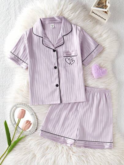 Elladie kids Tween 女童条纹休闲短袖开衫和短裤 2 件套睡衣套装