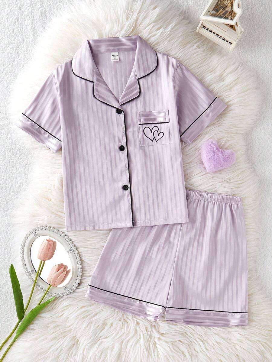 Elladie kids Tween 女童条纹休闲短袖开衫和短裤 2 件套睡衣套装 - 紫色 - 查看 1