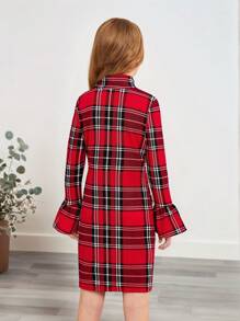 SHEIN Cô gái Tween 1 Miếng In kẻ sọc Nơ mặt trước tay áo lá sen Đầm Đối với Giáng sinh - Đỏ - Xem 2