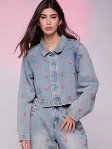 WESTFADE Spring Floral Embroidered Cropped Denim Jacket For Cowgirl