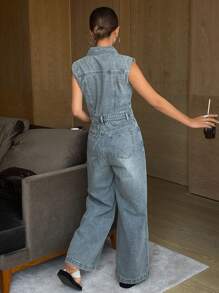 Livesso Mono de peto sin mangas con lavado y desgaste en estilo western para mujer, ropa de vuelta al colegio para otoño/invierno - Azul - Ver 2