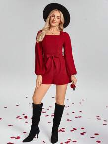 SHEIN LUNE Mono casual con cuello cuadrado romántico de color rojo, cintura anudada, para el Día de San Valentín