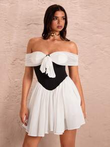 SHEIN BAE Elegant Black And White Summer Princess Dress,Off-Shoulder Bowknot Strap Sweet Girl Fitted Fluffy Birthday Party Dress For Dates&Prom - Black and White - View 3