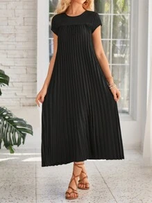 SHEIN LUNE Vacation Casual Pleated Round Neck Dress For Women, Summer