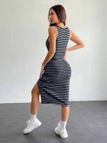 SHEIN PETITE Summer Women's Casual Basic Tank Top Striped Split Dress,Vacation Outfits Women - Navy Blue - View 2