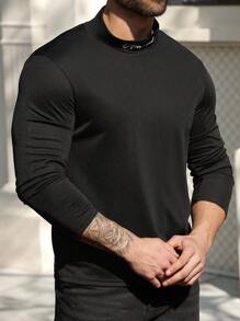 Manfinity Homme 加大码男士休闲字母印花黑色长袖T恤，秋季款 - 黑色 - 查看 4