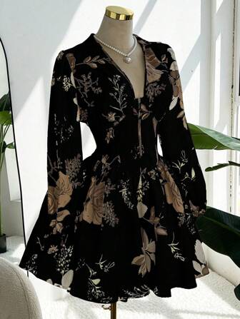 Sweetra Plus Size Long Sleeve Floral Print Simple Casual Short Swimsuit Dress Fall Cloth For Women