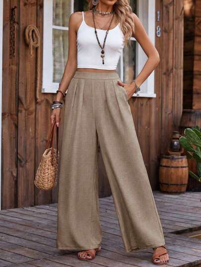 LanaWest Pantalones anchos casuales de unicolor para mujer