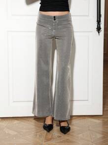 SHEIN EZwear Women's Fashion Glitter Low-Rise Wide-Leg Pants - Silver - View 4