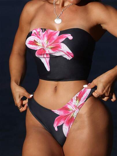 Swim SXY Conjunto de tankini de traje de baño de verano para mujer con top bandeau y Bottom de corte sexy con estampado floral rojo