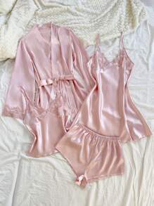 SilkySpell 4pcs Set: Embroidered V-Neck Faux Silk Slip Dress, Camisole With Shorts, And Robe, Pink Pajamas Set, Fall Clothes