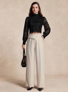 Almamuse Women's Asymmetrical Waist Design Wide Leg Pants
