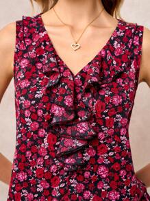 SHEIN Clasi 修身V领无袖优雅乡村花卉印花女式衬衫，适合度假和夏季穿着 - 彩色 - 查看 7