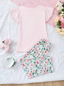 Girls Ruffle Collar Flare Hem Short Sleeve Knit Pajama Set, Casual Loungewear Outfit, Spring/Summer - Baby Pink - View 2
