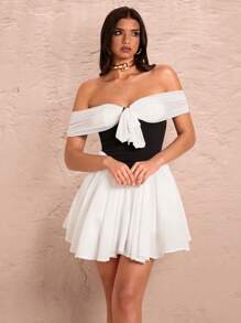 SHEIN BAE Elegant Black And White Summer Princess Dress,Off-Shoulder Bowknot Strap Sweet Girl Fitted Fluffy Birthday Party Dress For Dates&Prom - Black and White - View 7