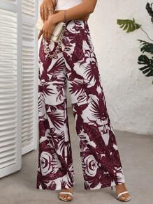 Chiquease Women Casual Vacation Wide Leg Pants With Tropical Print